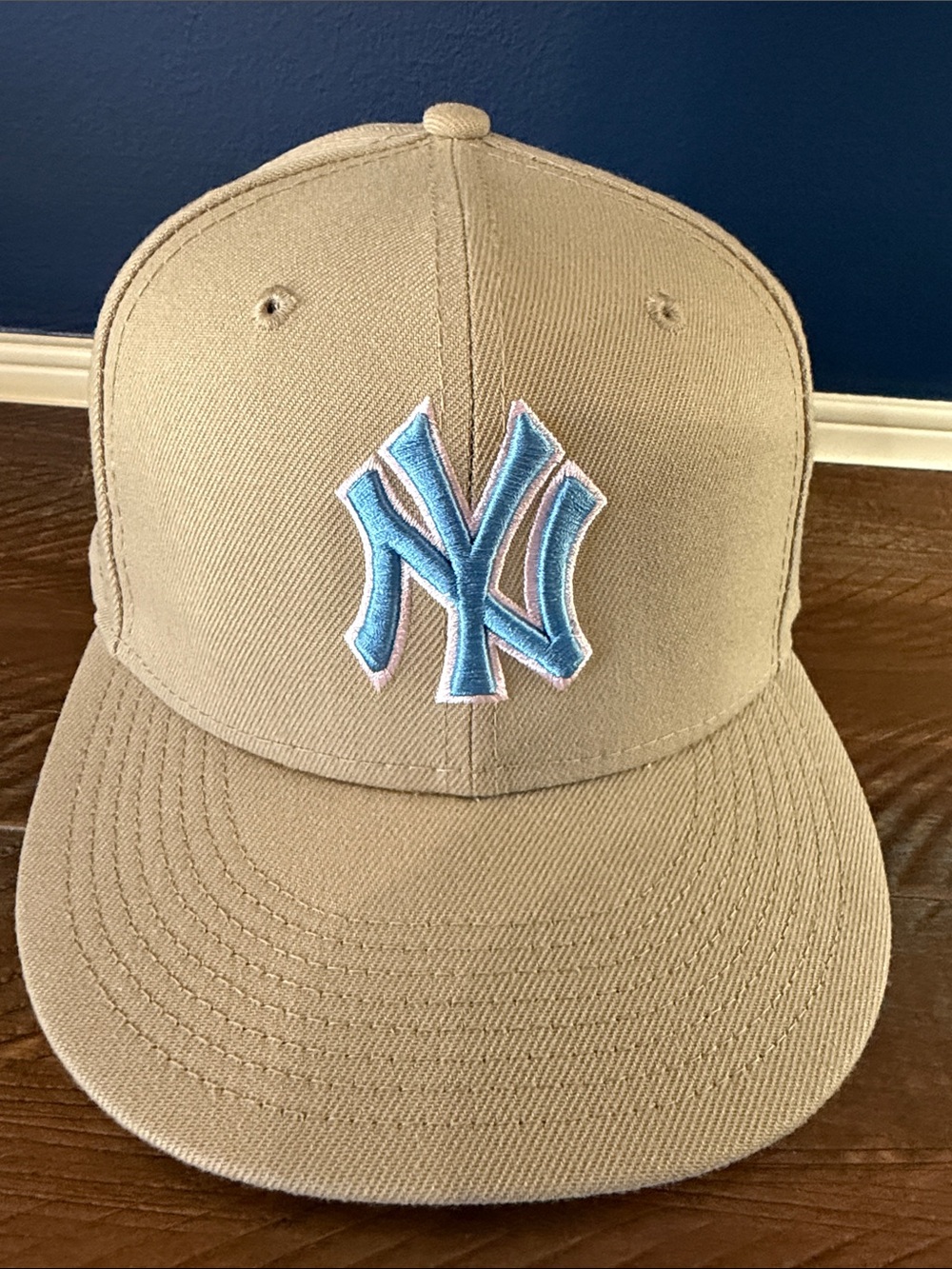 New Era Tan Hat with Light Blue & Pink NY Logo